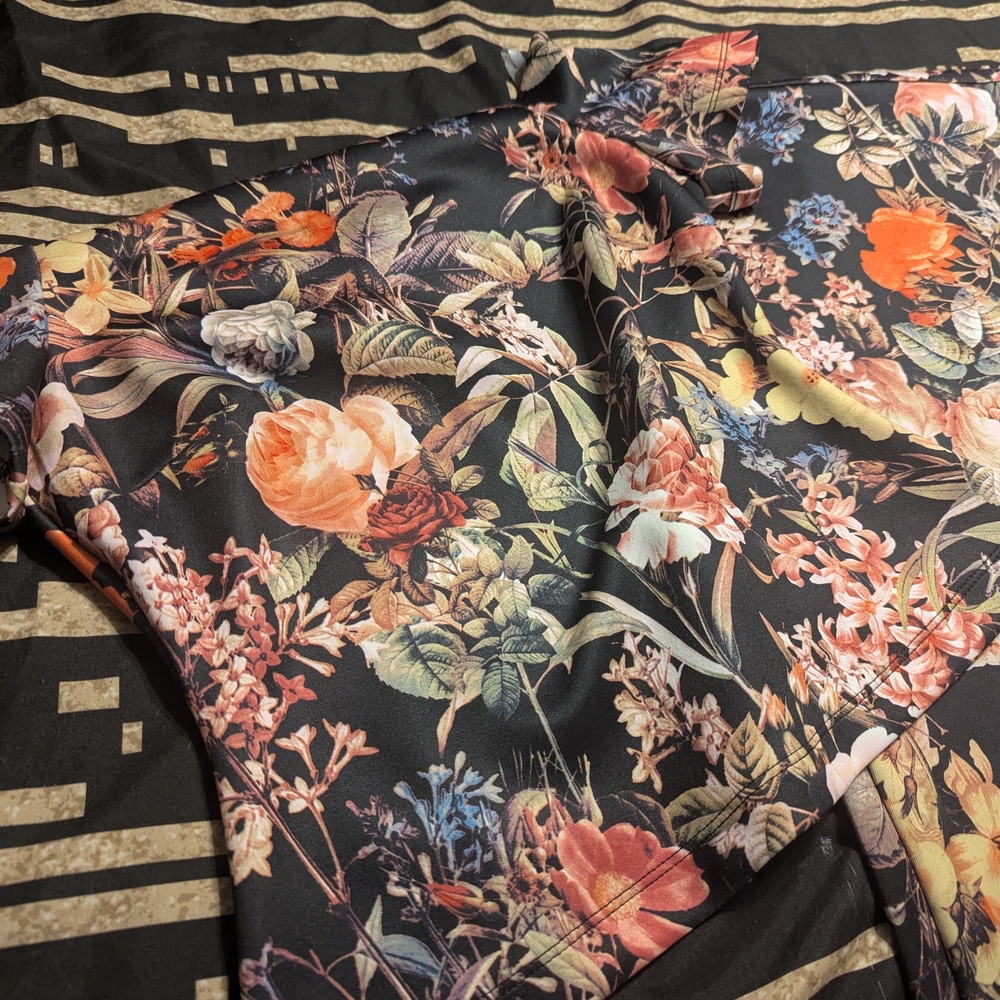 New York & Company Black Floral Stretch Top with Coral and Cream Blooms